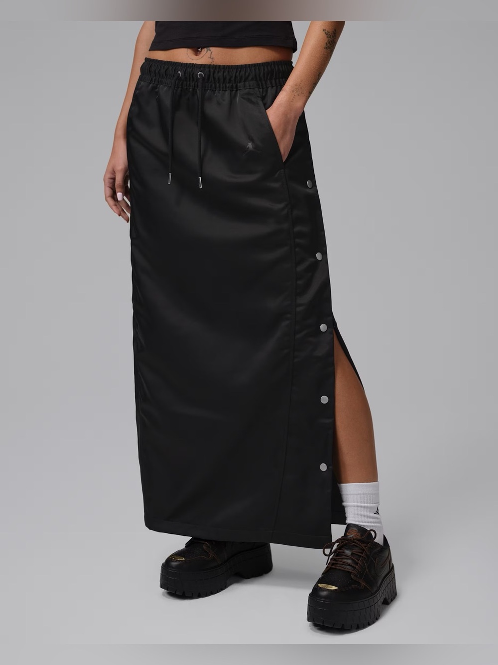 Jordan Black Mid rise Woven Skirt with Snap-Front Side and Drawstring Waist
